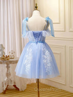 Short Blue Lace Evening Prom Dress, Short Blue Lace Formal Graduation Dress