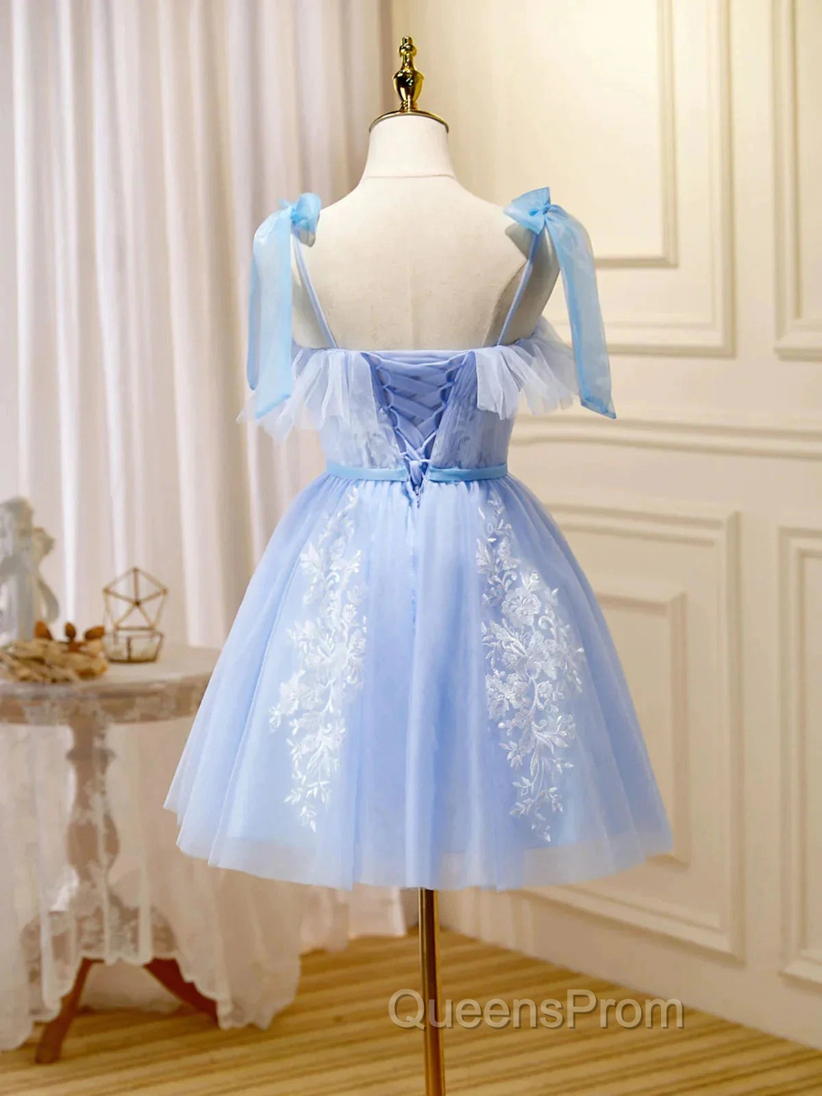 Short Blue Lace Evening Prom Dress, Short Blue Lace Formal Graduation Dress