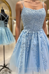 Short Blue Lace Evening Prom Dressses, Short Blue Lace Formal Homecoming Dress