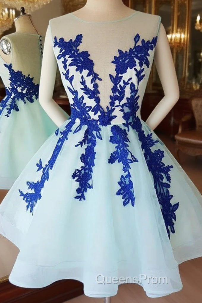 Short Blue Lace Tulle Evening Prom Dress, Short Blue Lace Homecoming Graduation Dress