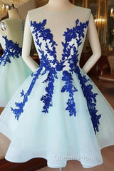 Short Blue Lace Tulle Evening Prom Dress, Short Blue Lace Homecoming Graduation Dress