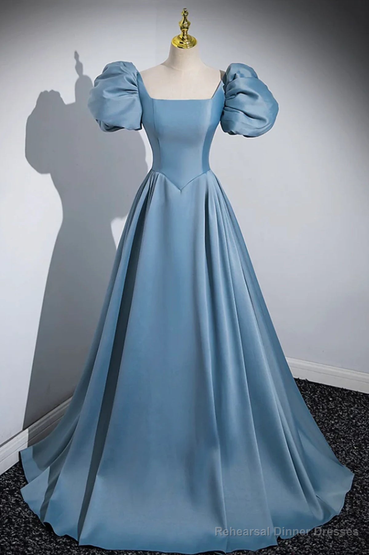 Short Blue Satin Long Prom Dresses, Short Blue Satin Long Formal Evening Dresses Main image