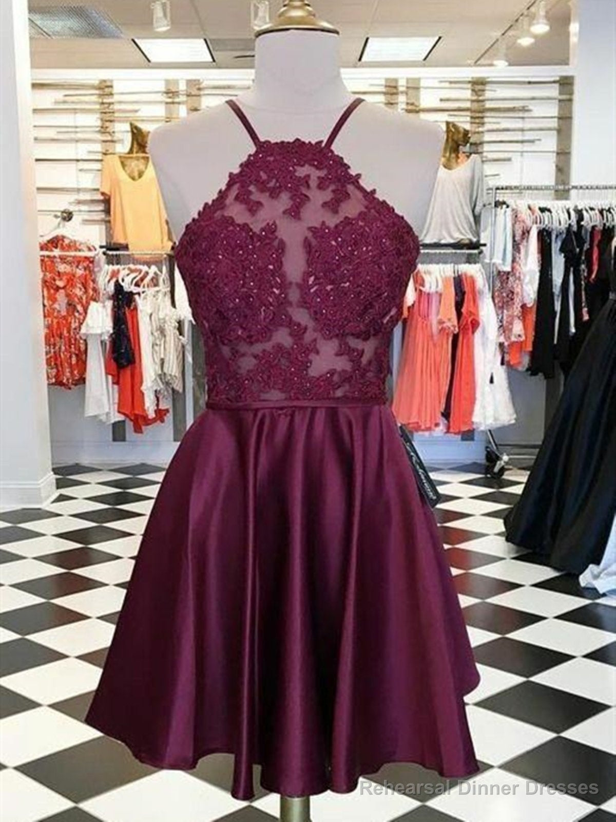 Short Burgundy Lace Prom Dresses, Burgundy Lace Formal Homecoming Graduation Dresses Main image