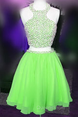 Short Candy Pink Homecoming Dress Pearl Beaded Halter