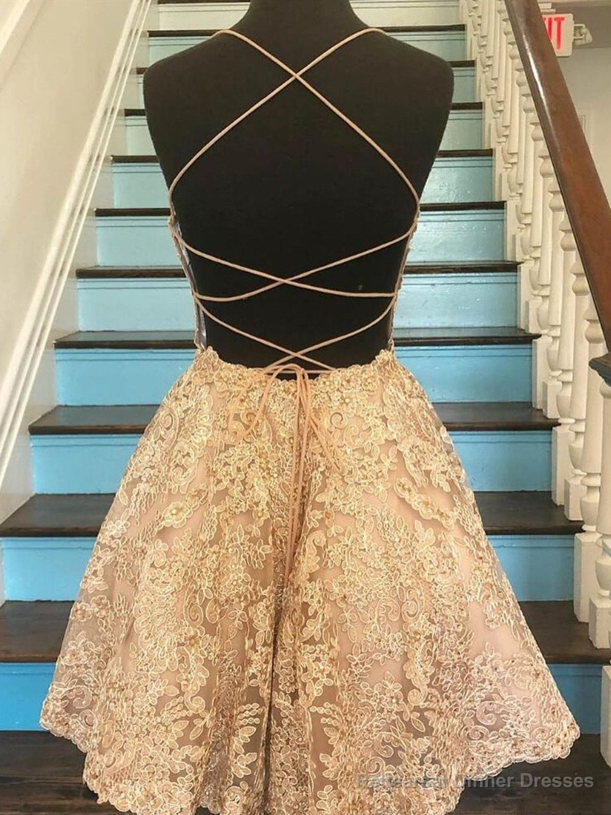 Short Champagne Backless Lace Prom Dresses, Short Lace Formal Graduation Homecoming Dresses Secondary image