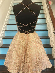 Short Champagne Backless Lace Prom Dresses, Short Lace Formal Graduation Homecoming Dresses