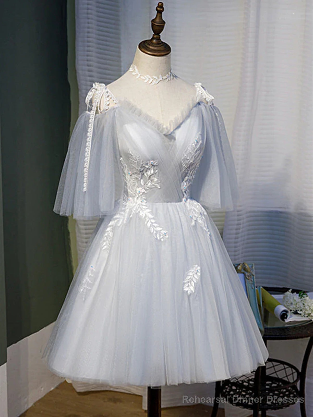 Short Gray Lace Prom Dresses, Short Gray Lace Formal Homecoming Dresses Secondary image