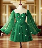 Short Green Puffy Sleeves Dress With Daisy Flowers