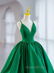 Short Green V Neck Satin Evening Prom Dress, Short Green V Neck Satin Formal Homecoming Dress