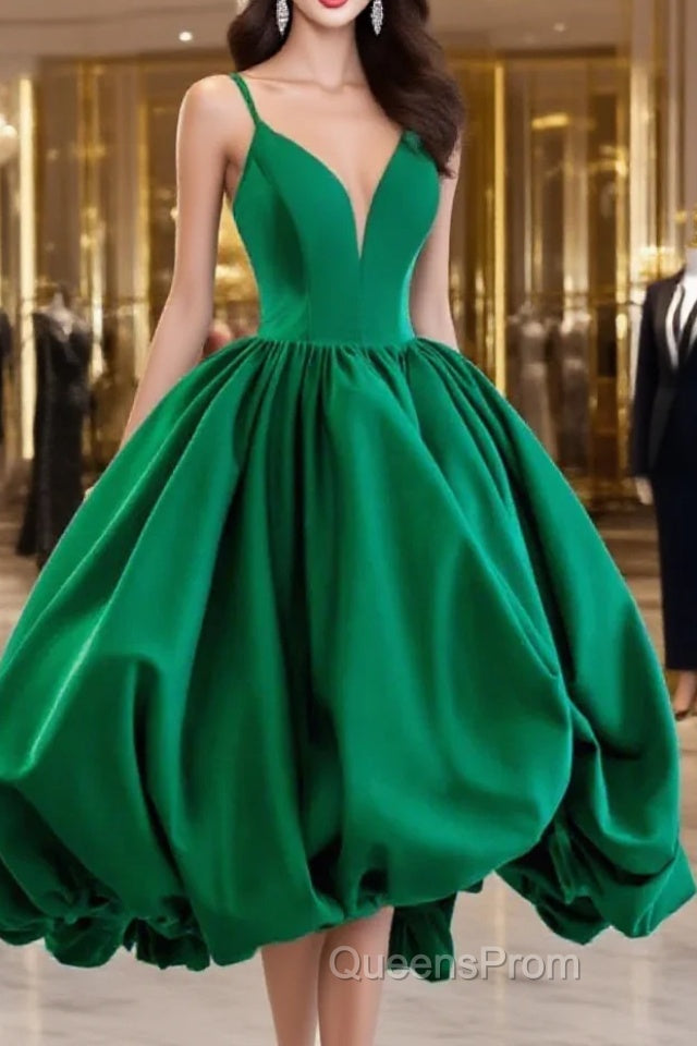 Short Green V Neck Satin Evening Prom Dress, Short Green V Neck Satin Formal Homecoming Dress Main image