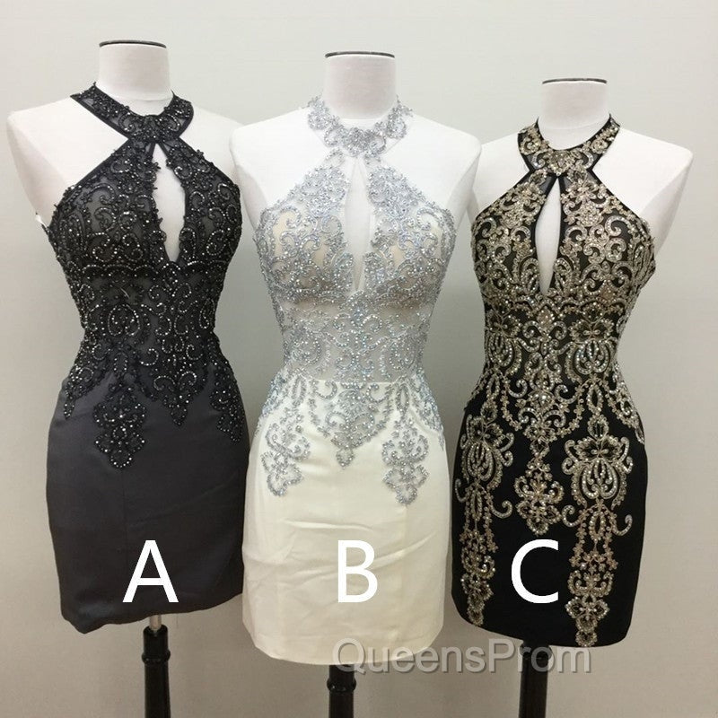 Short Halter Evening Prom Homecoming Dress Embroidery Beaded