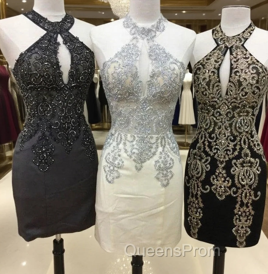 Short Halter Evening Prom Homecoming Dress Embroidery Beaded Main image