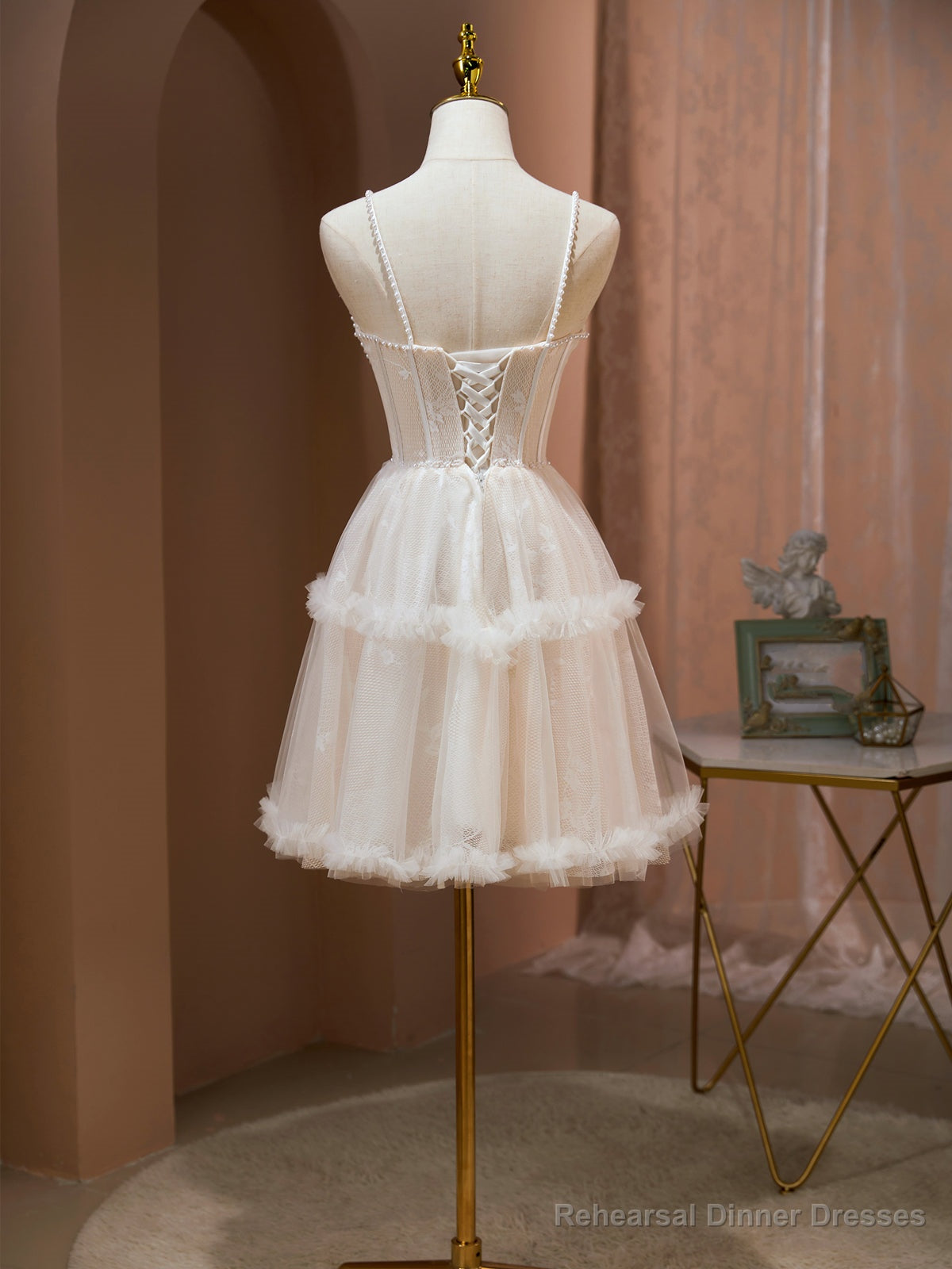 Short Light Champagne Lace Prom Dresses, Short Champagne Lace Formal Homecoming Dresses Main image