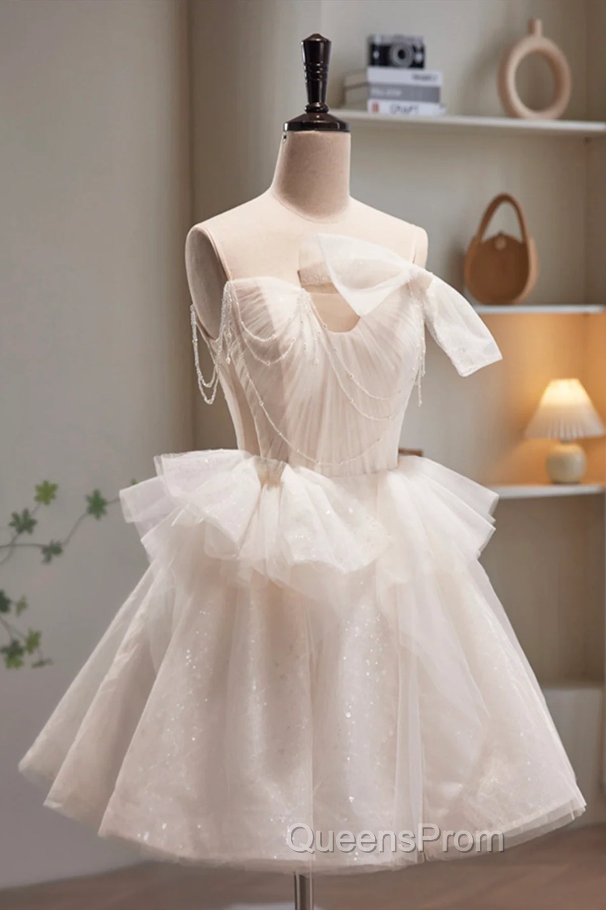 Short Light Champagne Tulle Evening Prom Dress, Short Champagne Tulle Formal Homecoming Dress Secondary image