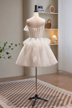Short Light Champagne Tulle Evening Prom Dress, Short Champagne Tulle Formal Homecoming Dress