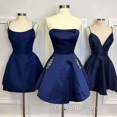 Short Navy Blue Homecoming Dress With Pockets Crystals Cocktail Dress