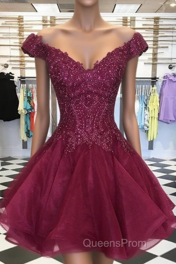 Short Off Shoulder Burgundy Lace Evening Prom Dress, Off The Shoulder Short Burgundy Lace Formal Homecoming Dress Main image