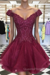 Short Off Shoulder Burgundy Lace Evening Prom Dress, Off The Shoulder Short Burgundy Lace Formal Homecoming Dress