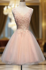 Short Open Back Pearl Pink Homecoming Dress With Appliques