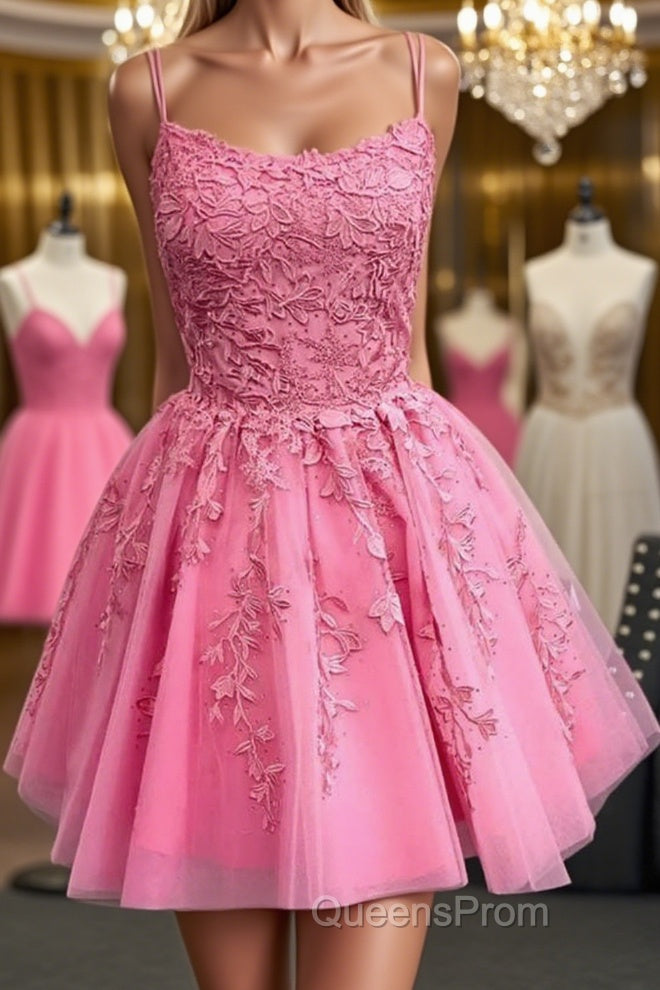 Short Pink Backless Lace Evening Prom Dress, Short Pink Open Back Formal Homecoming Dress Main image