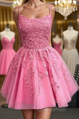 Short Pink Backless Lace Evening Prom Dress, Short Pink Open Back Formal Homecoming Dress