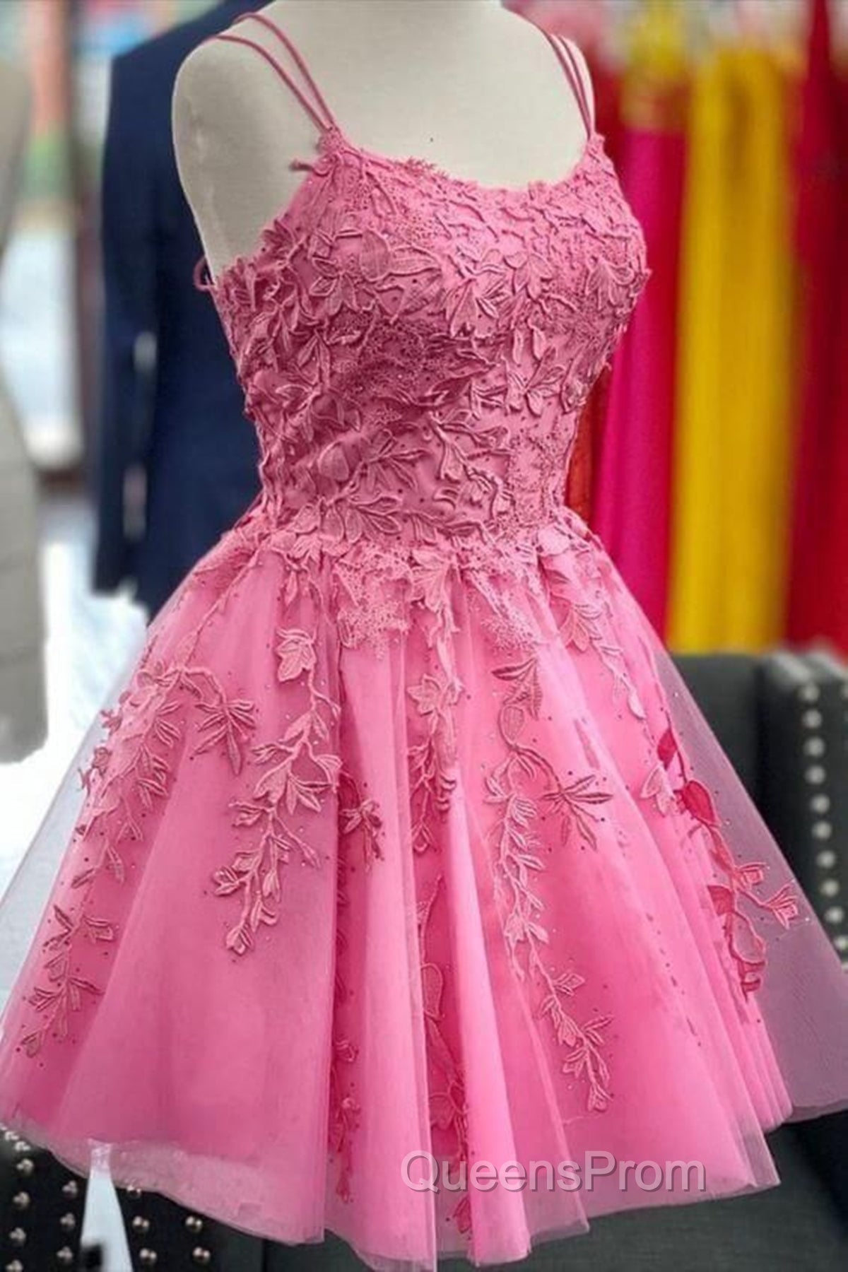 Short Pink Backless Lace Evening Prom Dress, Short Pink Open Back Formal Homecoming Dress Secondary image