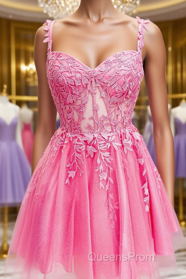 Short Pink Lace Evening Prom Dress, Short Pink Lace Formal Homecoming Dress Main image