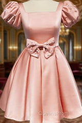 Short Pink Satin Party Dress With Bow