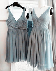 Short Pleated V-Neck Chiffon Bridesmaid Dress