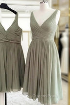 Short Pleated V-Neck Chiffon Bridesmaid Dress