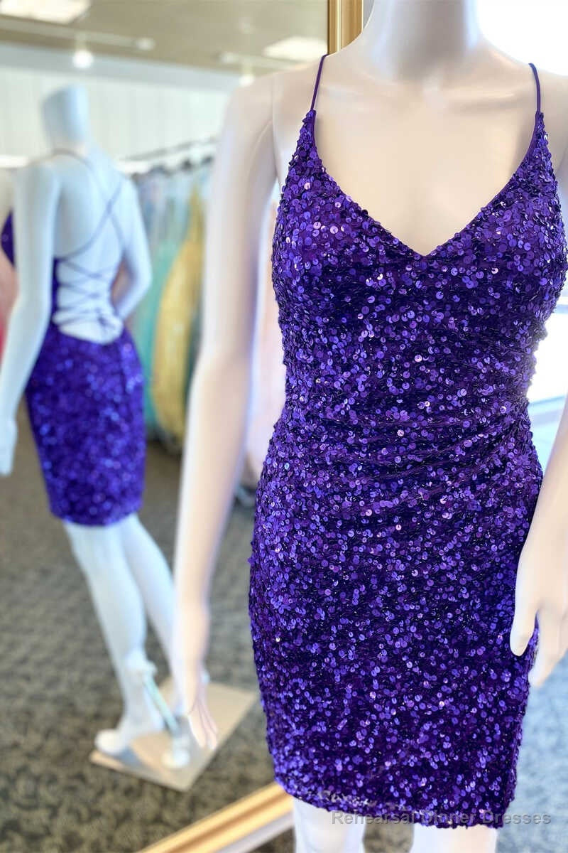 Short Purple Sequined V-Neck Party Dress Homecoming Dresses Main image