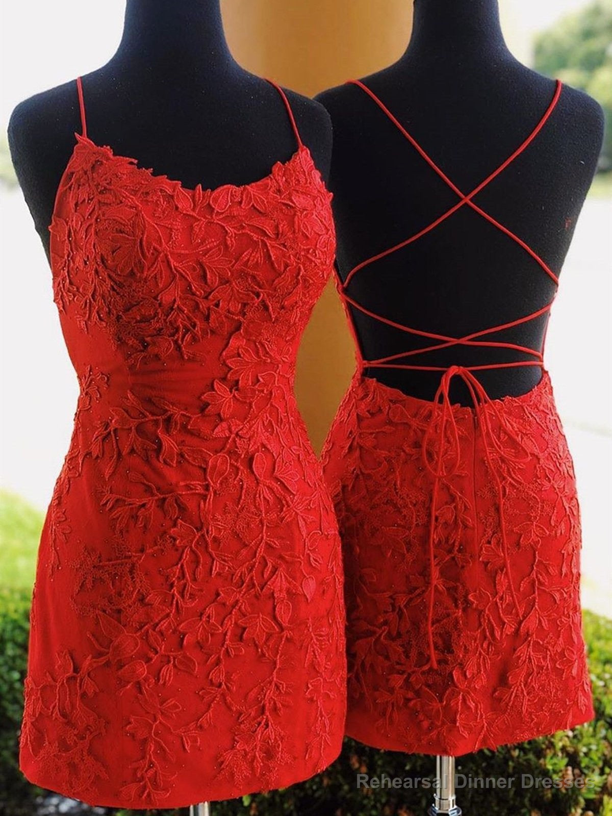 Short Red Backless Lace Prom Dresses, Short Red Backless Lace Formal Homecoming Graduation Dresses Main image