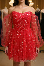 Short Red Long Sleeves Tulle Evening Prom Dress, Short Red Long Sleeves Formal Homecoming Dress