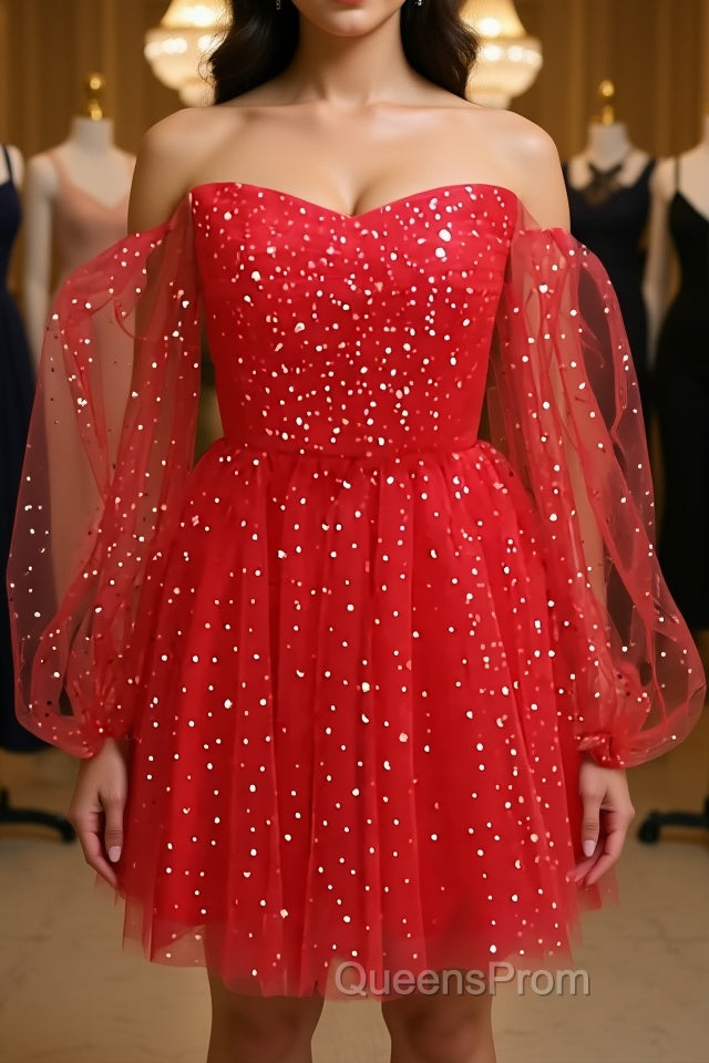 Short Red Long Sleeves Tulle Evening Prom Dress, Short Red Long Sleeves Formal Homecoming Dress