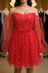 Short Red Long Sleeves Tulle Evening Prom Dress, Short Red Long Sleeves Formal Homecoming Dress