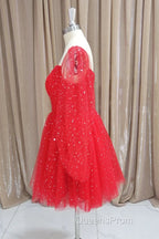 Short Red Long Sleeves Tulle Evening Prom Dress, Short Red Long Sleeves Formal Homecoming Dress