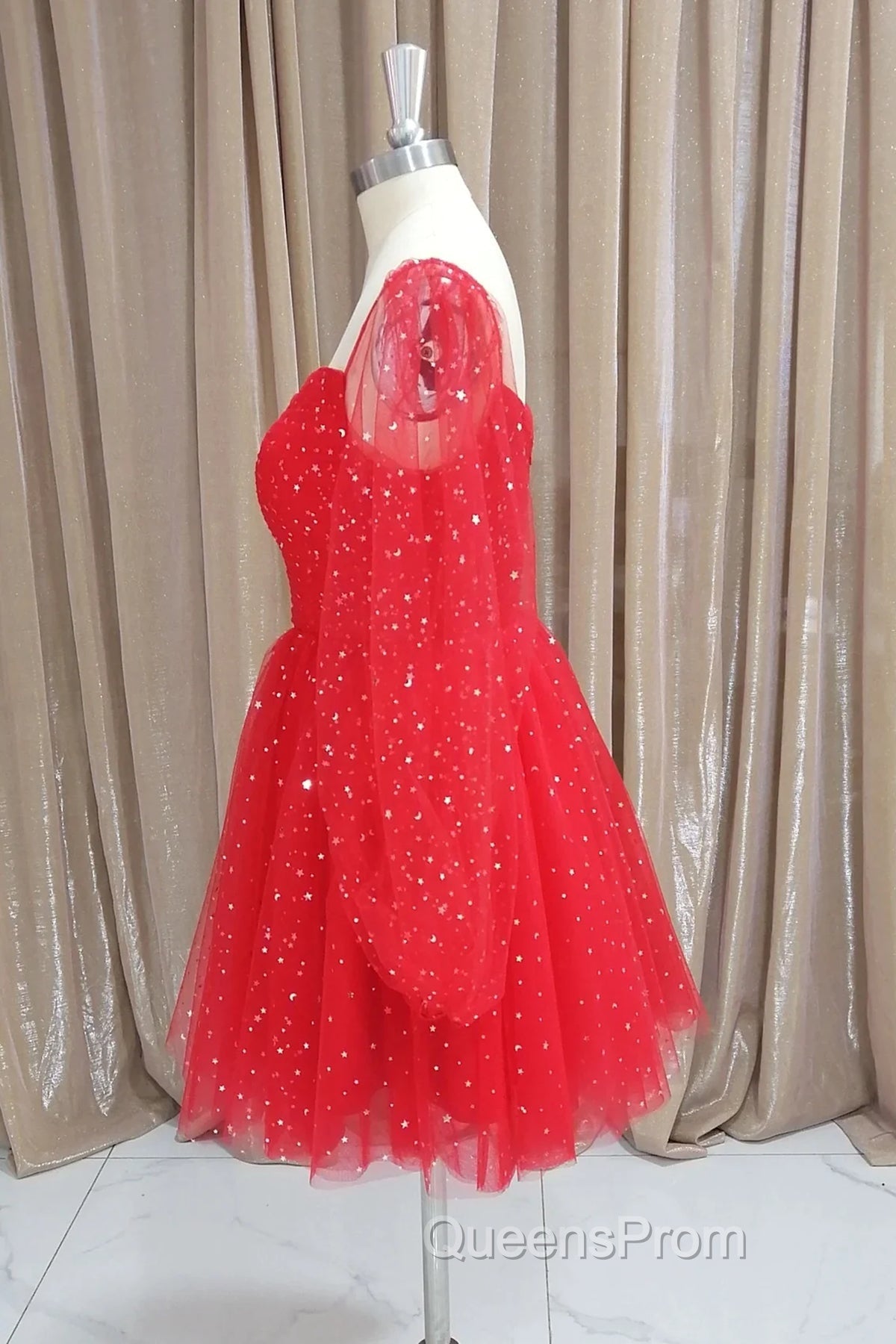 Short Red Long Sleeves Tulle Evening Prom Dress, Short Red Long Sleeves Formal Homecoming Dress