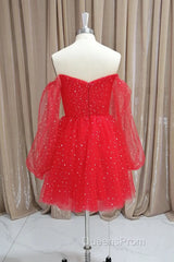 Short Red Long Sleeves Tulle Evening Prom Dress, Short Red Long Sleeves Formal Homecoming Dress