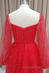 Short Red Long Sleeves Tulle Evening Prom Dress, Short Red Long Sleeves Formal Homecoming Dress