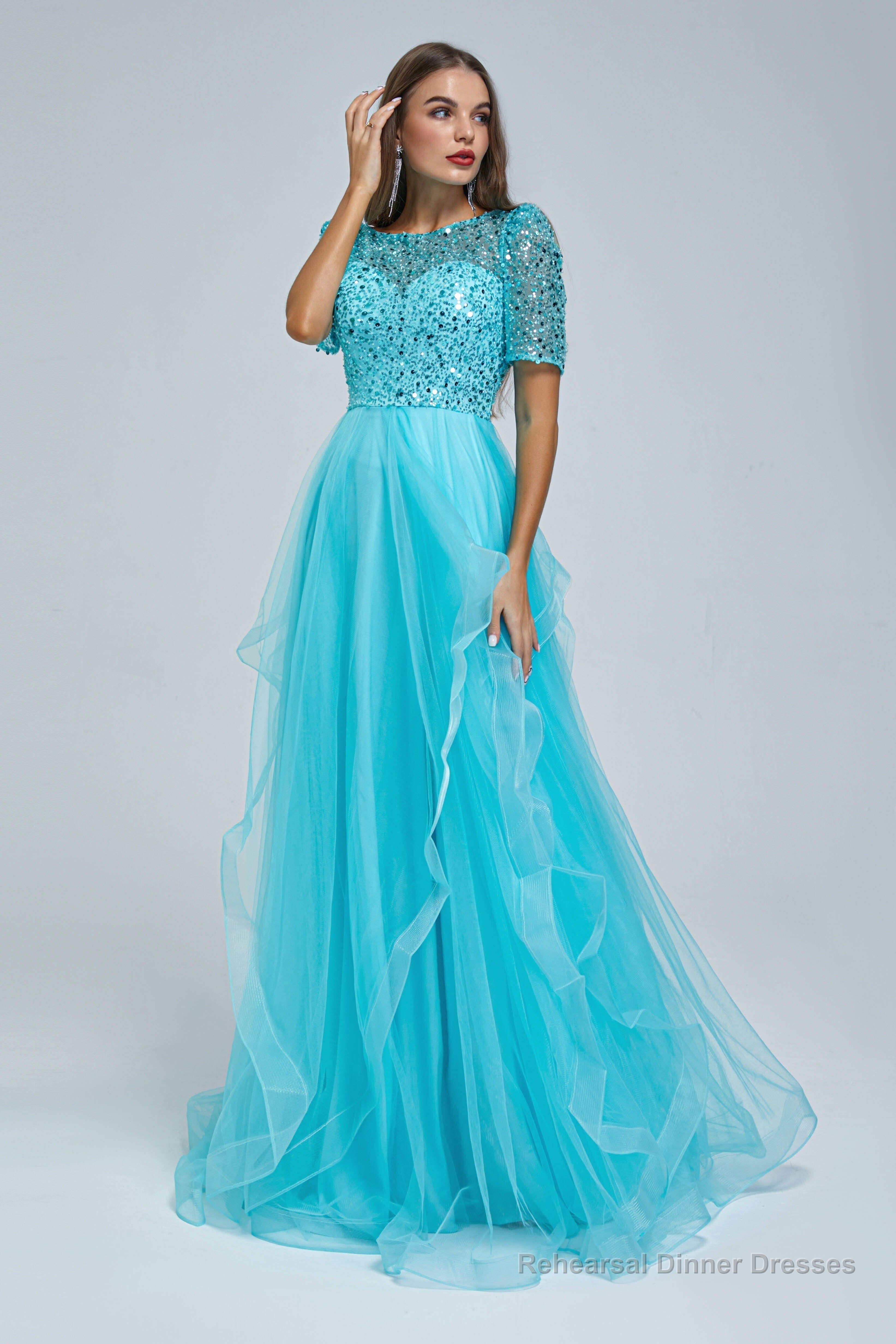 Short Sleeve Tulle Beaded Sequins Long Prom Dresses FZ001 Main image