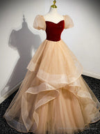 Short Sleeves Burgundy Champagne Long Prom Dresses, Short Sleeves Burgundy Champagne Long Formal Evening Dresses