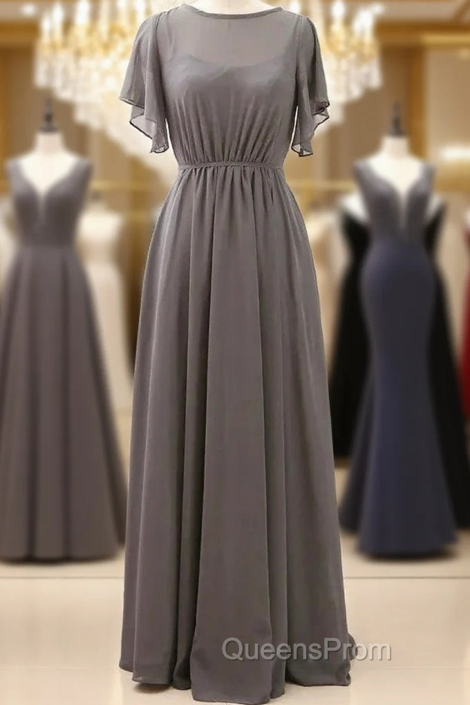 Short Sleeves Chiffon Long Bridesmaid Dress Wedding Party Formal Dress Main image