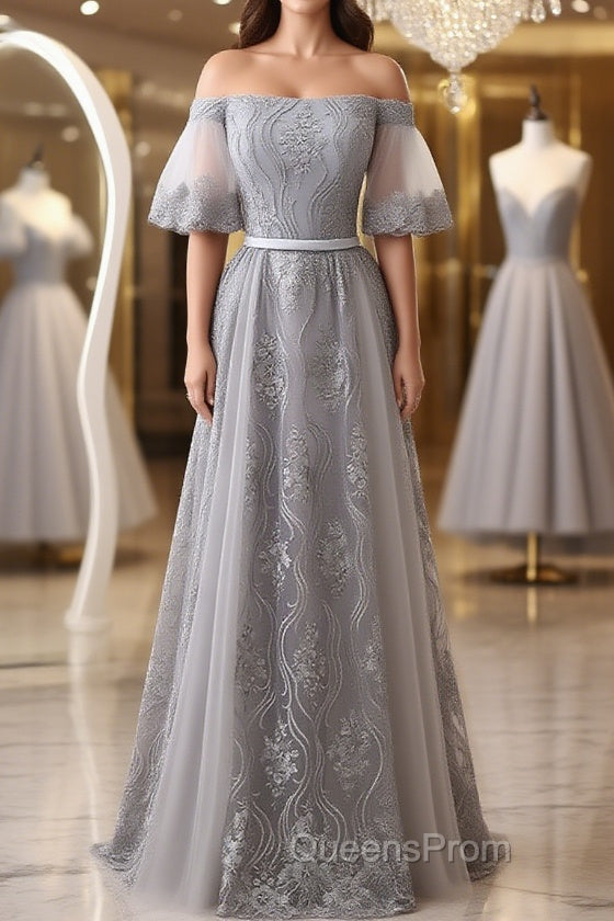 Short Sleeves Grey Lace Long Evening Prom Dress, Short Sleeves Gray Lace Long Formal Evening Dress Main image