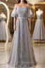 Short Sleeves Grey Lace Long Evening Prom Dress, Short Sleeves Gray Lace Long Formal Evening Dress