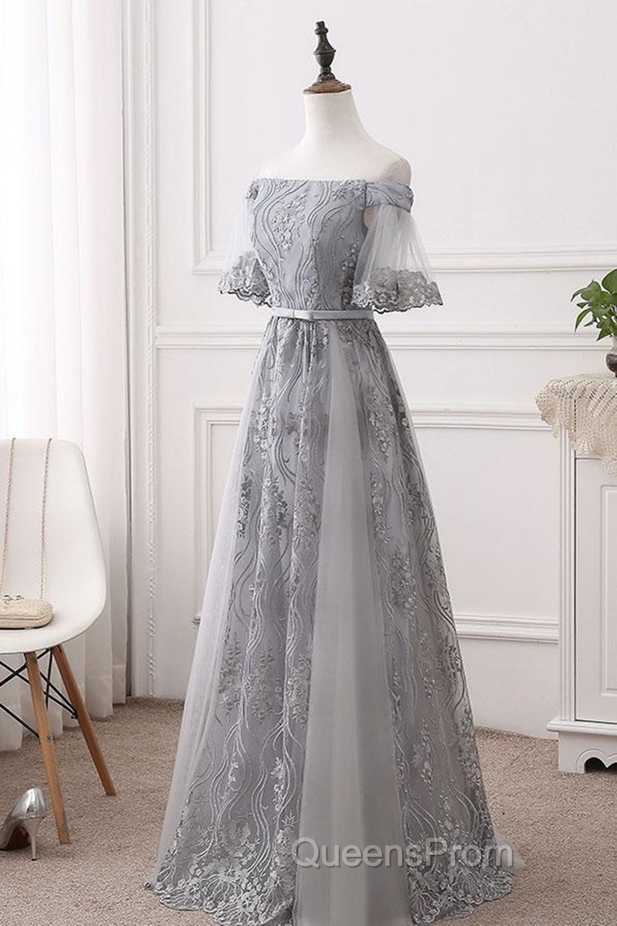 Short Sleeves Grey Lace Long Evening Prom Dress, Short Sleeves Gray Lace Long Formal Evening Dress Secondary image