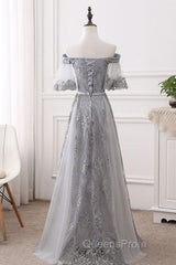 Short Sleeves Grey Lace Long Evening Prom Dress, Short Sleeves Gray Lace Long Formal Evening Dress