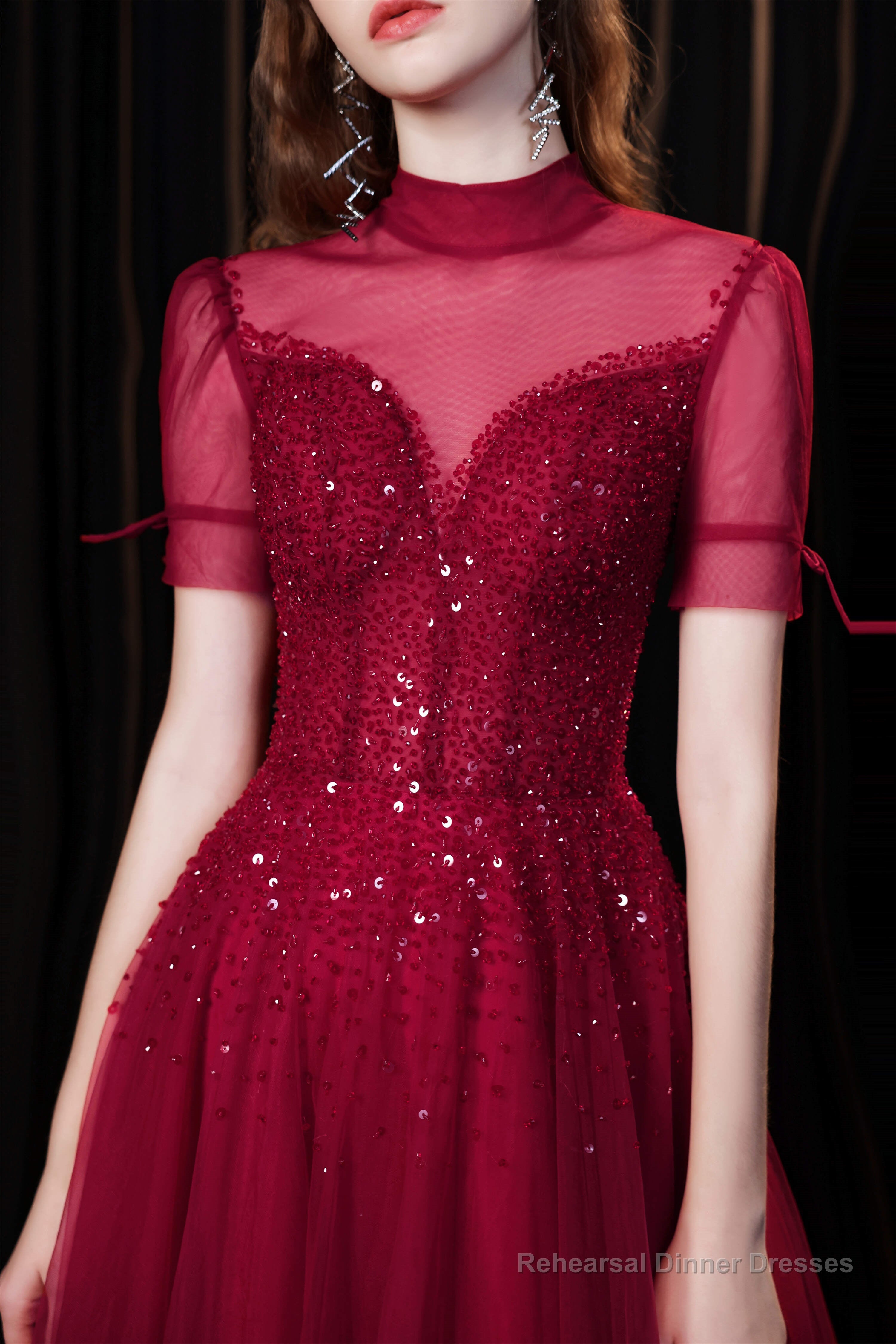 Short Sleeves High Neck Open Back Beading Long Prom Dresses