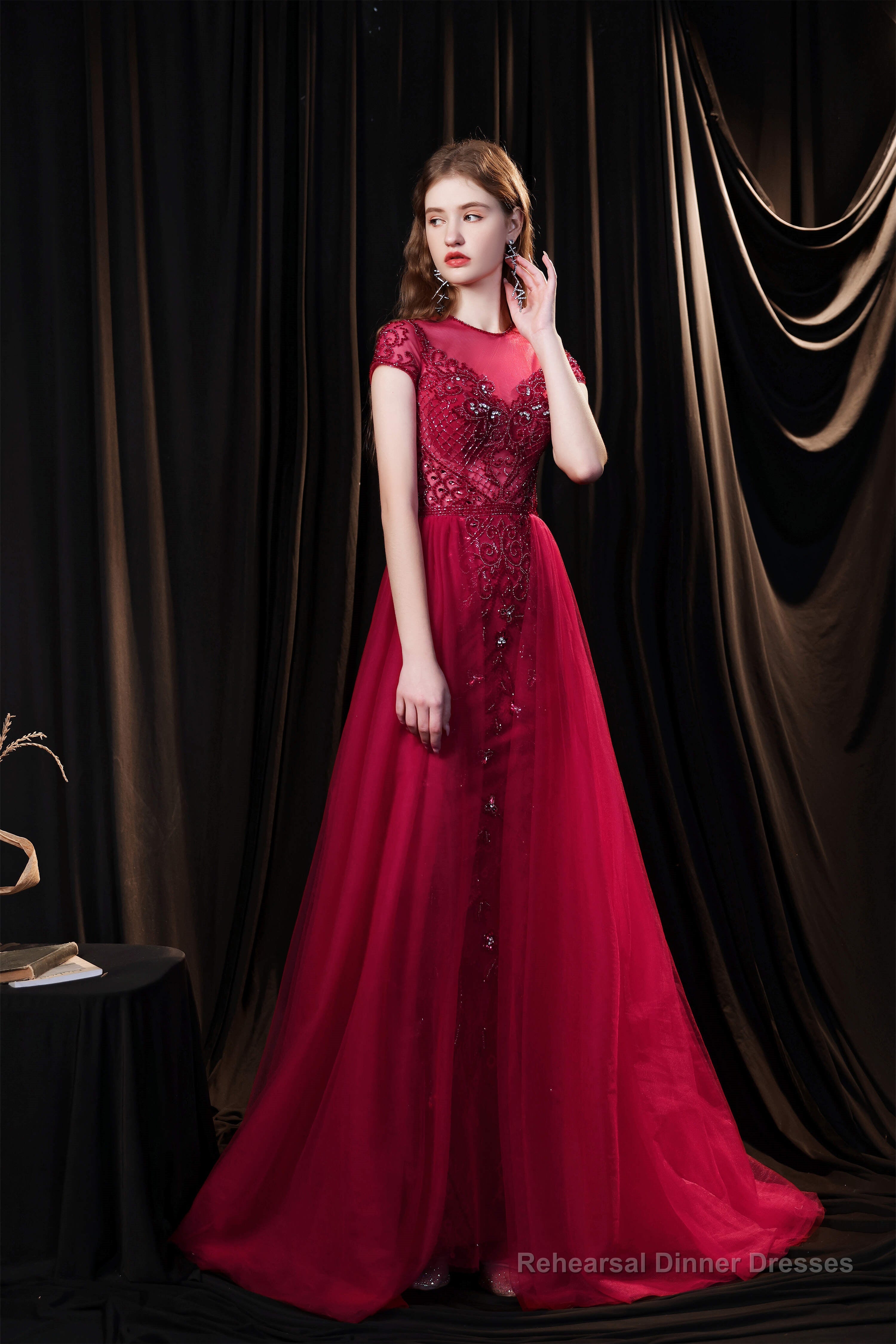 Short Sleeves High Neck Open Back Beading Long Prom Dresses Main image