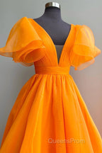Short Sleeves Orange Long Evening Prom Dress, Orange Long Formal Evening Dress