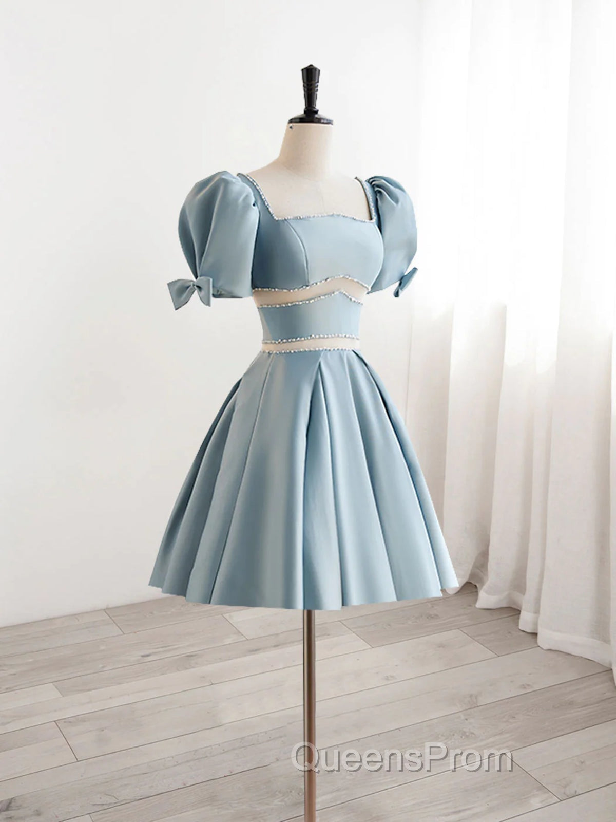 Short Sleeves Short Blue Evening Prom Dress, Short Blue Formal Homecoming Dress